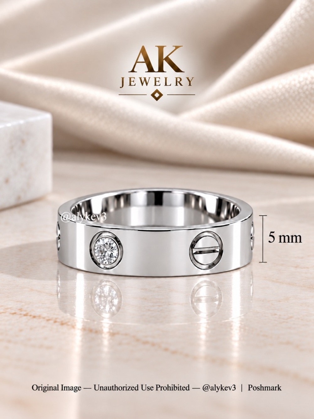 💎LUXURY 5mm Wide Silver Titanium Ring, w/ Pavé Crystal Detail | AK Jewelry™